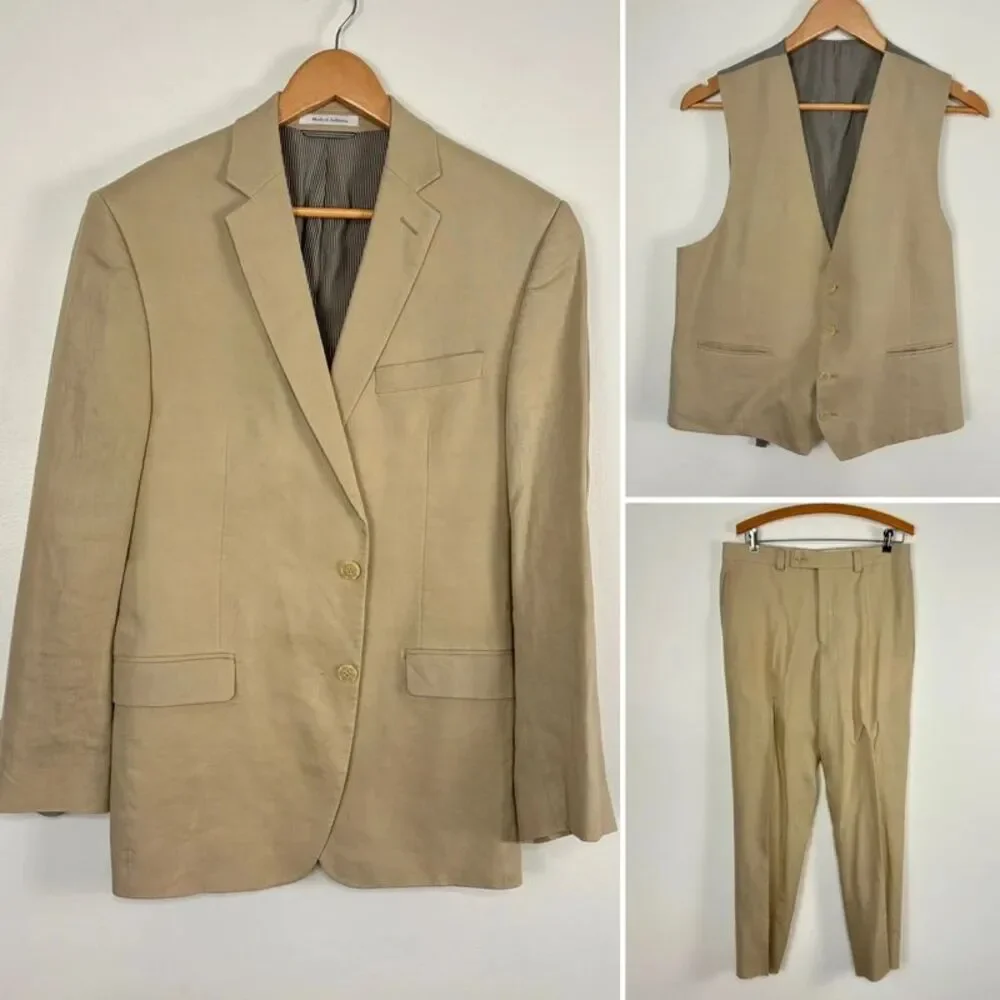 Calvin Klein Mens 3 Piece Linen Suit Beige Tan 38R Pants 32R Blazer Vest Trouser
